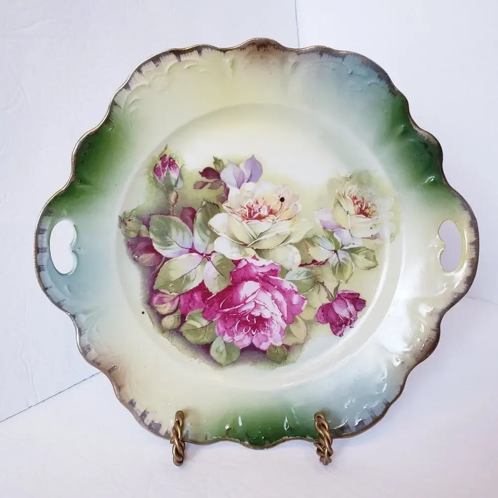 Vintage Hand‎ Painted Handled Cake Dessert Plate Green w/ Pink Roses Germany